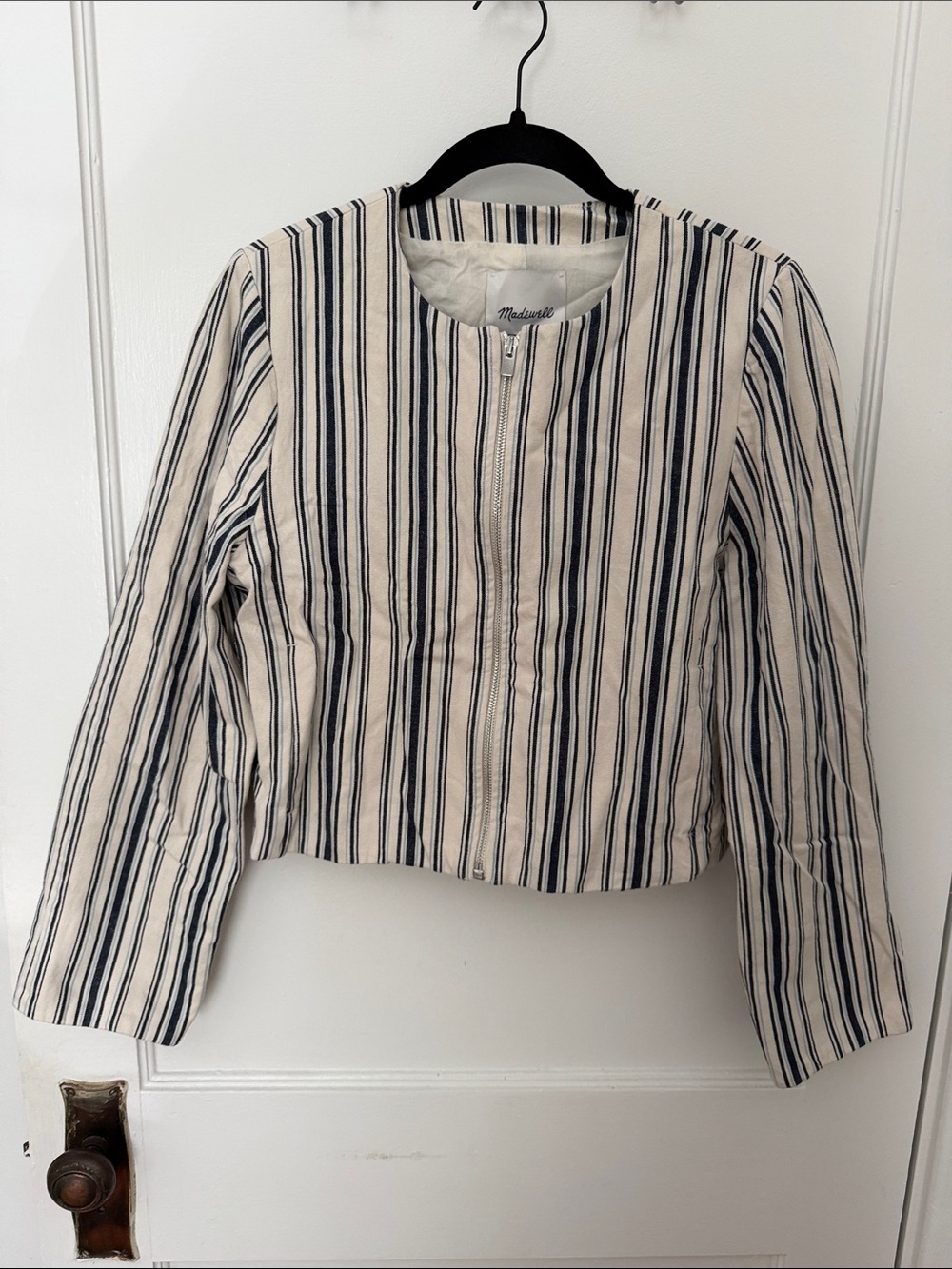 Madewell Cream and Navy Striped Cropped Zip Jacket